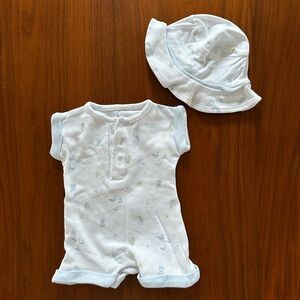 Baby Short-Sleeve Romper & Hat Set in Light Blue Sea Life print size 0-3 months
